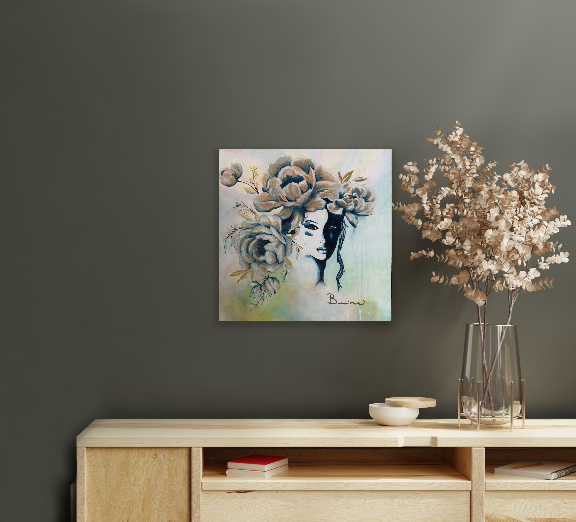 Féminité sacrée – Tableau femme et pivoines | Art intuitif
