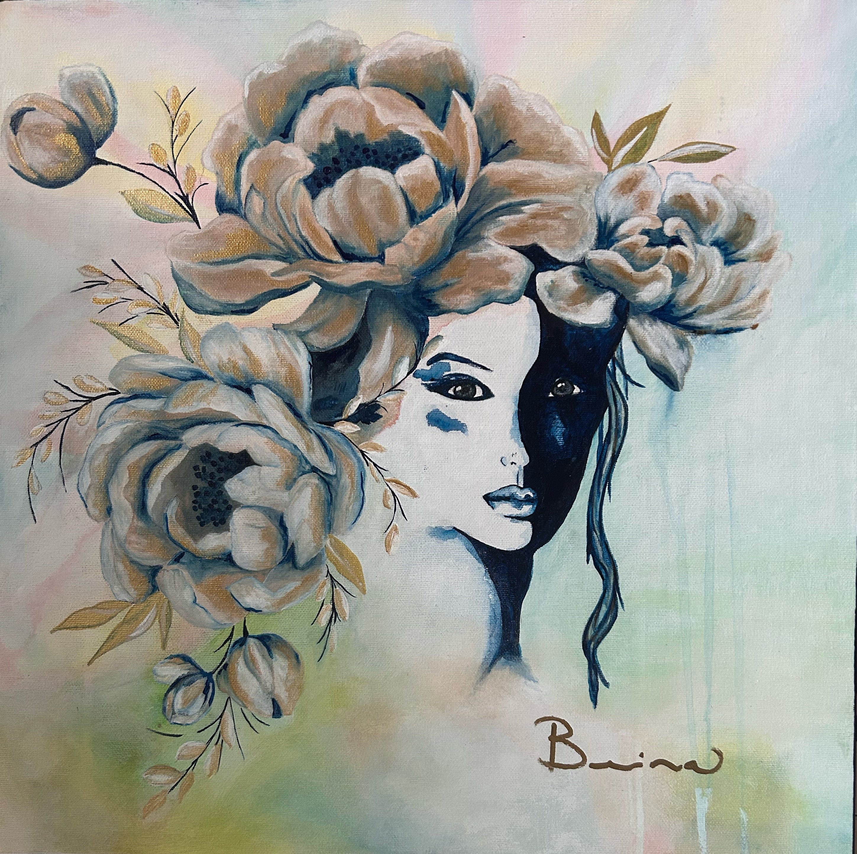 Féminité sacrée – Tableau femme et pivoines | Art intuitif